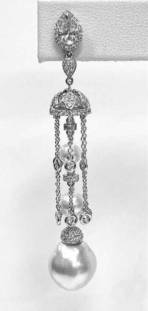 Diamond Pearl 18K White Gold Chandelier Drop Earrings