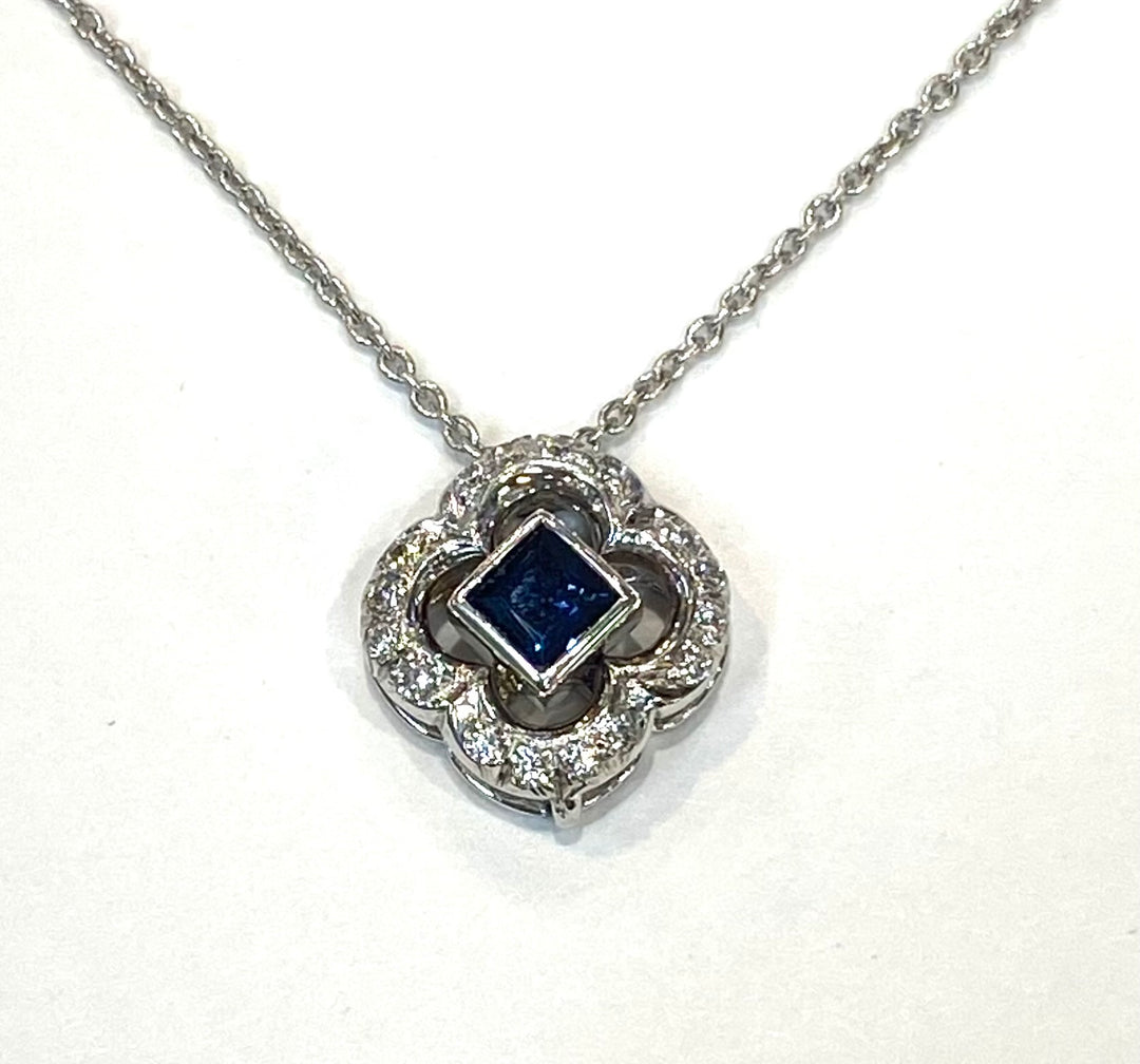 Sapphire Diamond 14K WG Pendant & Chain