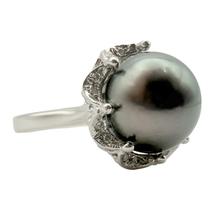 Tahitian Black Pearl Diamond 14K WG Ring