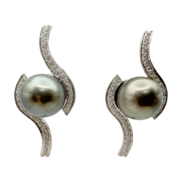 Tahitian Black Pearl Diamond 14K WG Earrings