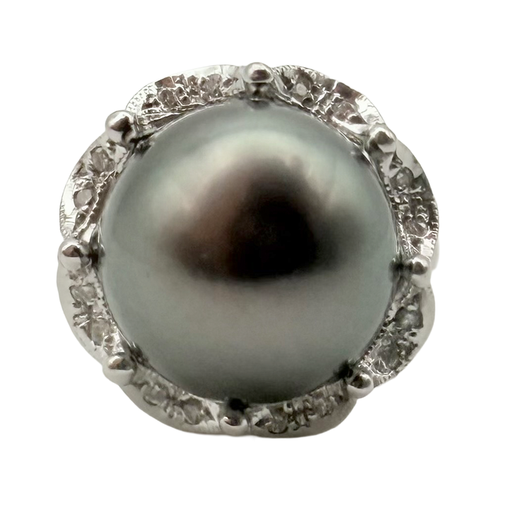 Tahitian Black Pearl Diamond 14K WG Ring