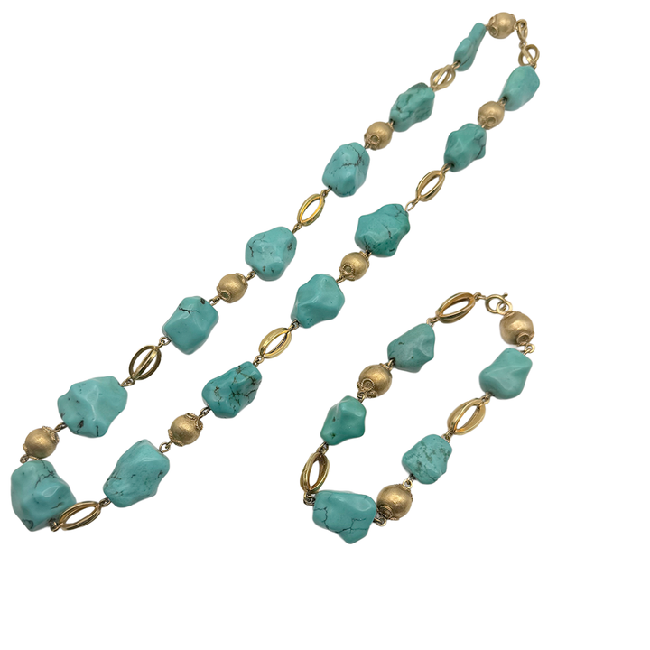 Turquoise 18K Yellow Gold Necklace & Bracelet Suite