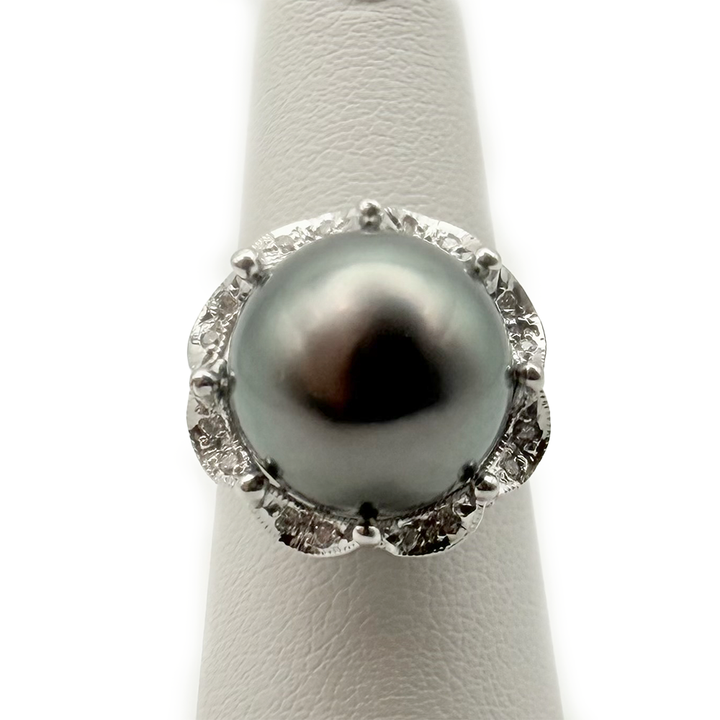 Tahitian Black Pearl Diamond 14K WG Ring