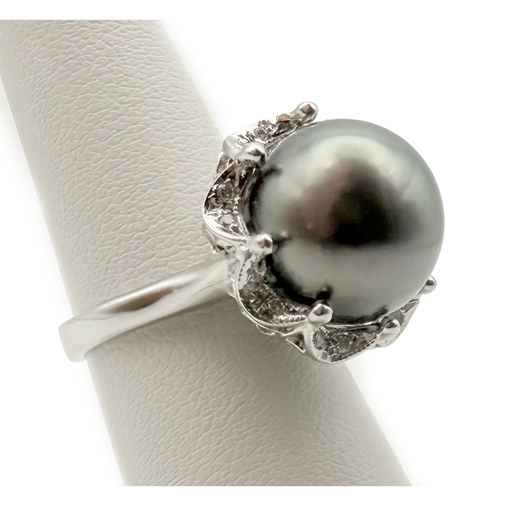 Tahitian Black Pearl Diamond 14K WG Ring