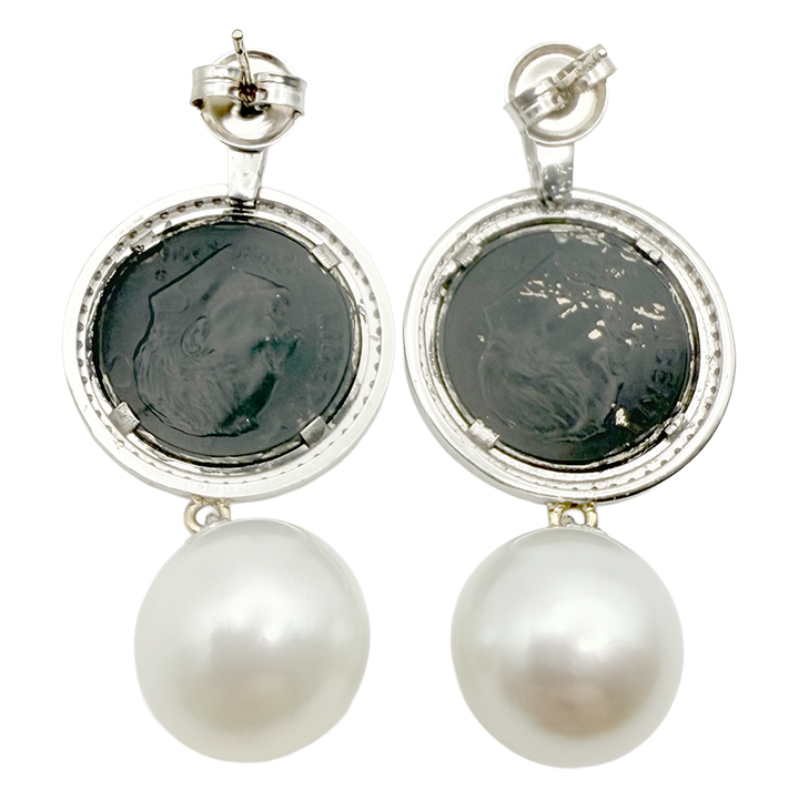 South Sea Pearl, Diamond 14K WG Drop Earrings