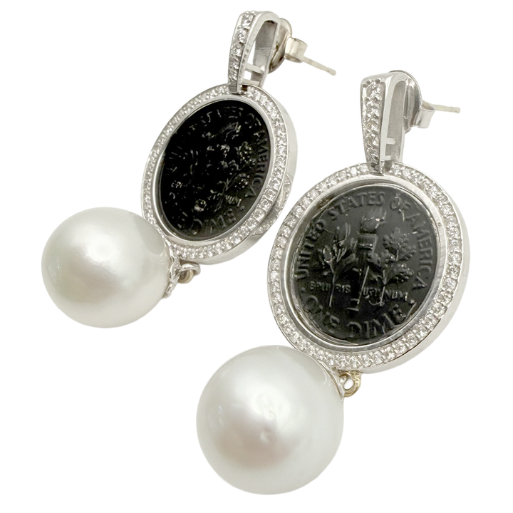 South Sea Pearl, Diamond 14K WG Drop Earrings