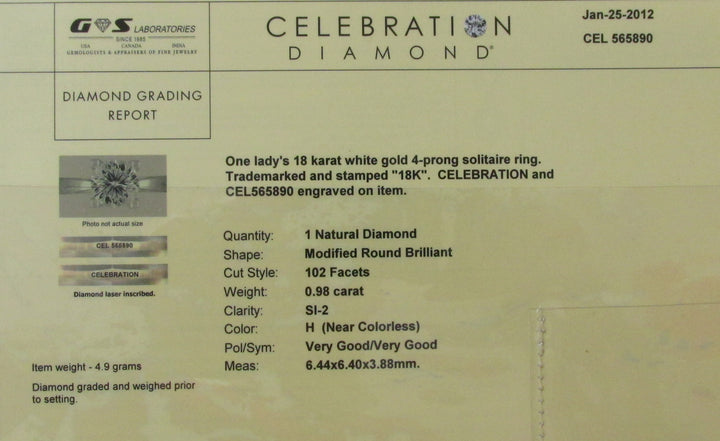 .98 Carat SI2 H Round Celebration Cut Diamond 18K White Gold Ring