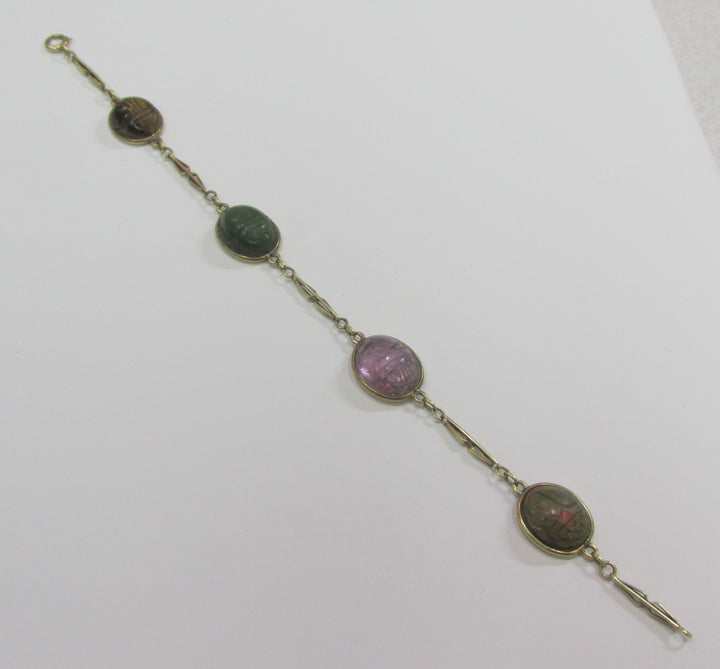 Vintage Scarab Gemstone 14K Yellow Gold Bracelet