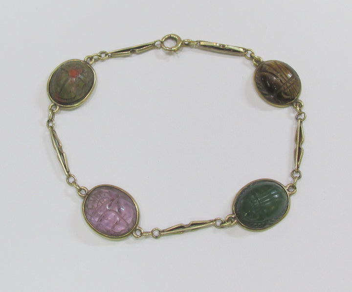 Vintage Scarab Gemstone 14K Yellow Gold Bracelet