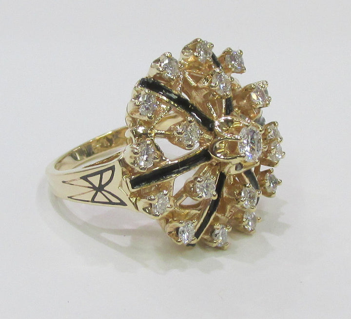 Vintage Diamond Black Enamel 14K Yellow Gold Ring