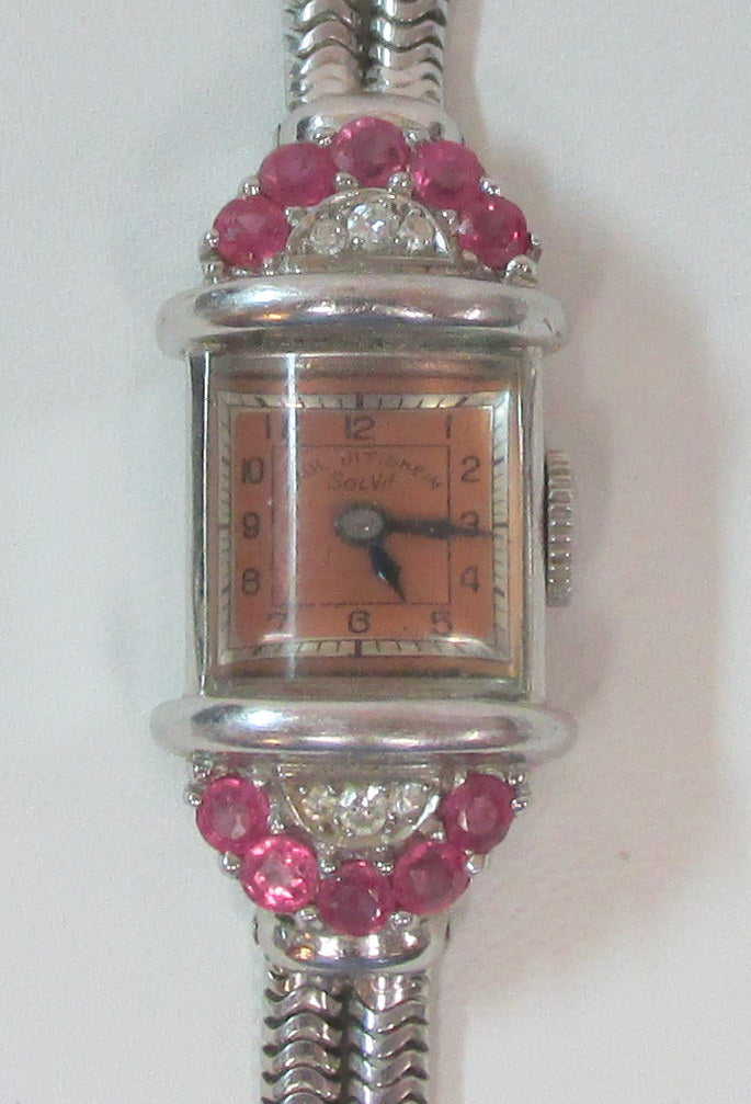 Rare Vintage Paul Ditisheim Retro 14K White Gold Ruby Diamond Lady’s Wristwatch