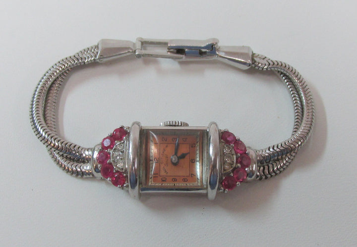 Rare Vintage Paul Ditisheim Retro 14K White Gold Ruby Diamond Lady’s Wristwatch