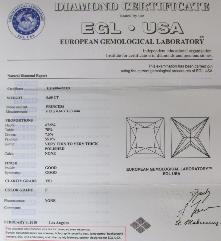 .60 Carat F VS1 EGL USA Princess Cut Diamond