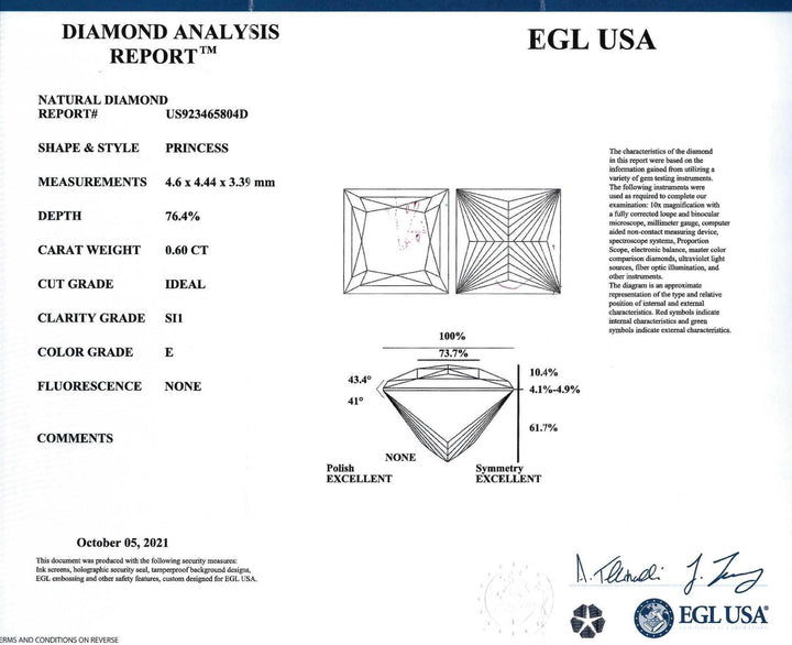.60 Carat SI1 E Princess Cut Diamond EGL USA