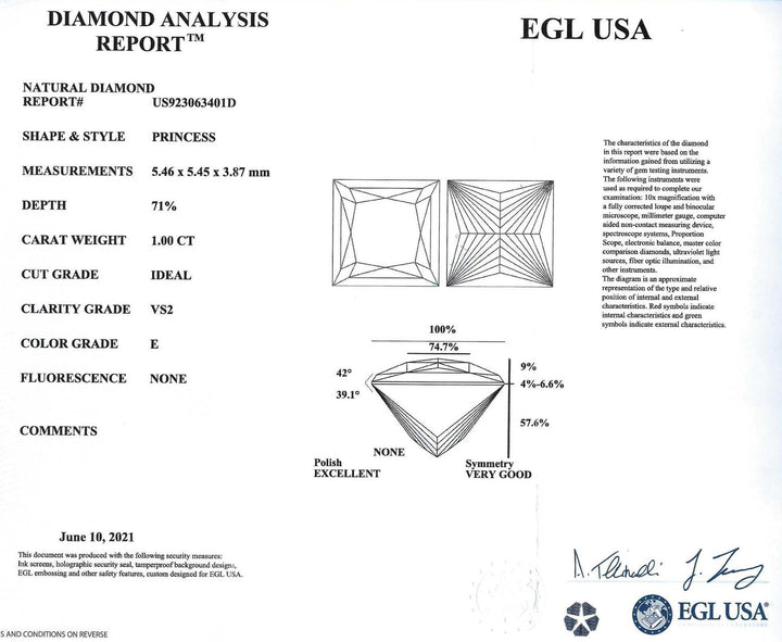 1.00 Carat E VS2 Princess Cut Diamond EGL USA