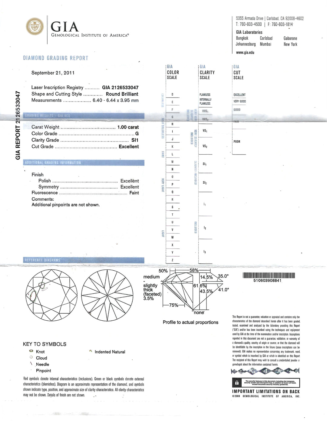 1.00 Carat G SI1 GIA RBC Diamond