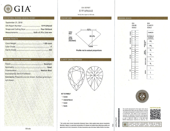 1.00 Carat F SI2 GIA Pear Shaped Diamond 14K WG Wedding Ring Set