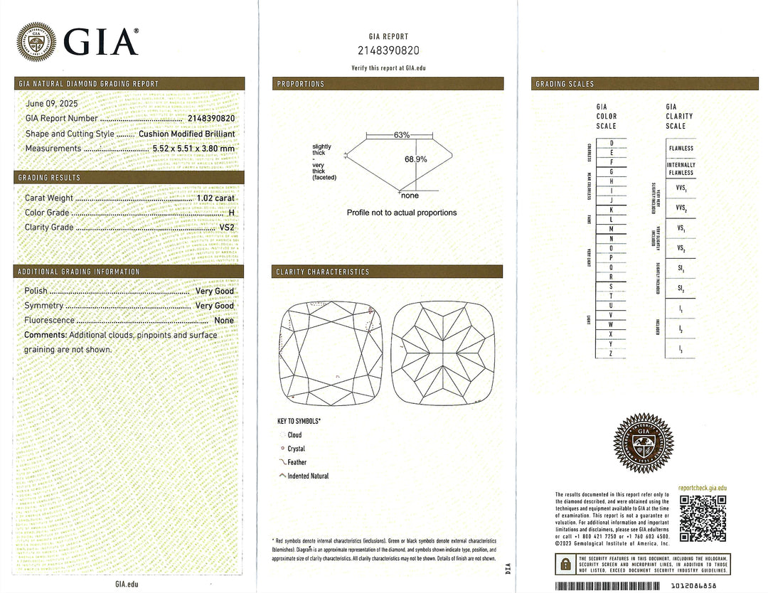 1.02 Carat Cushion Modified Brilliant Cut VS2 H GIA 18K White Gold Ring