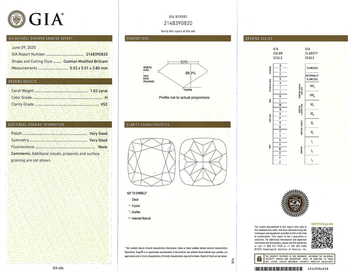 1.02 Carat Cushion Modified Brilliant Cut VS2 H GIA 18K White Gold Ring