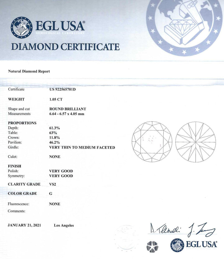 1.05 Carat VS2 G RBC Diamond EGL