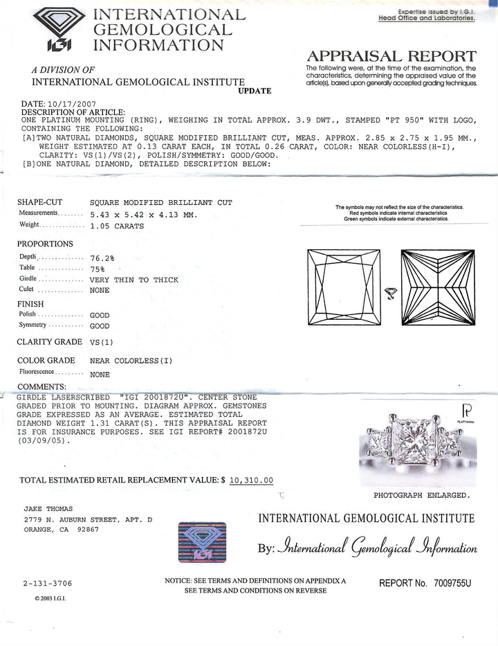 1.05 Carat I VS1 IGI Princess Cut Diamond Platinum Ring