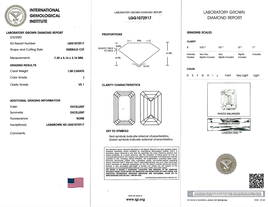1.08 Carat J VS1 IGI Emerald Cut Diamond 18KYG Ring