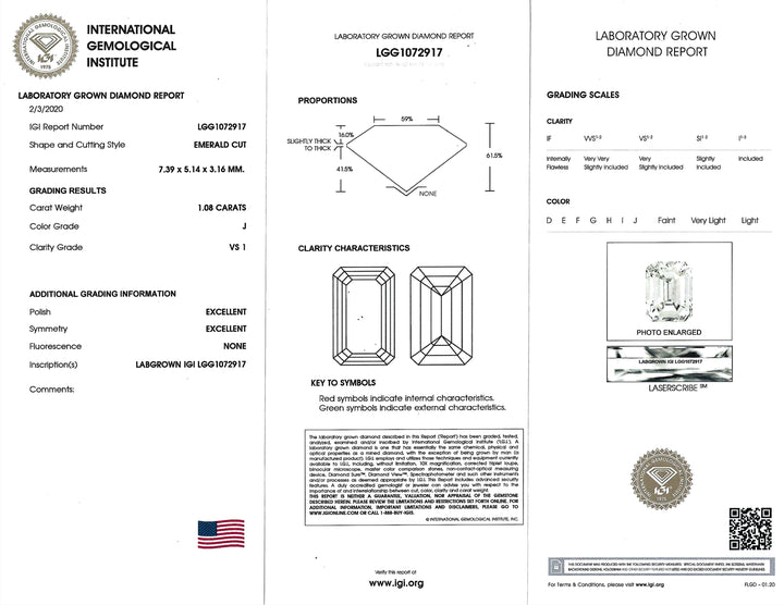 1.08 Carat J VS1 IGI Emerald Cut Diamond 18KYG Ring