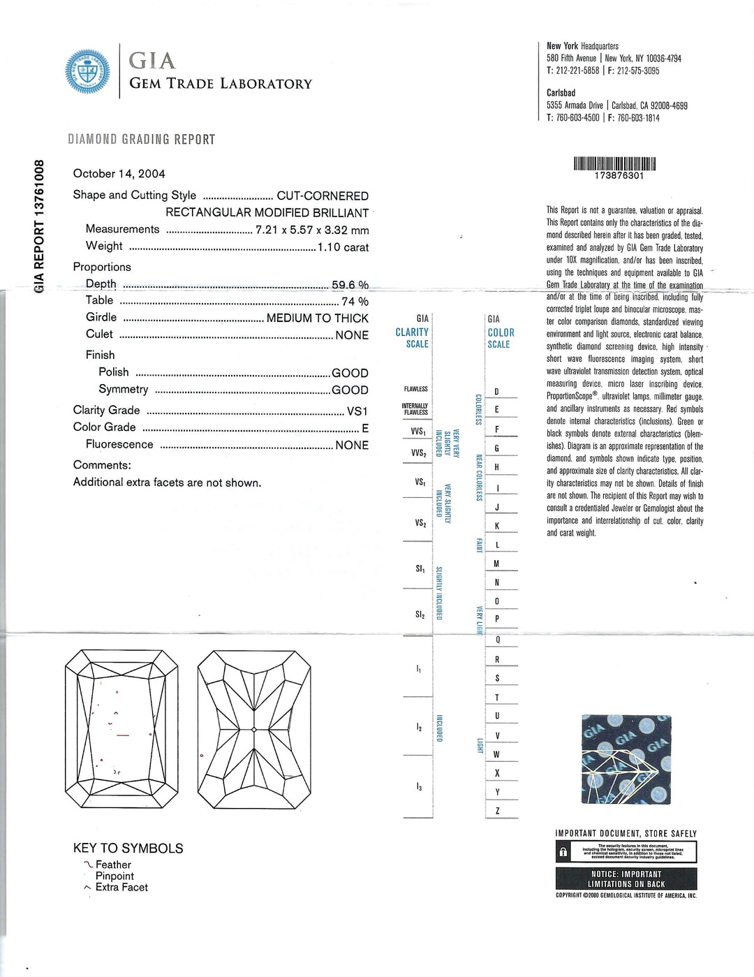 1.10 Carat E VS1 GIA Radiant Cut 14K WG Three Stone Ring