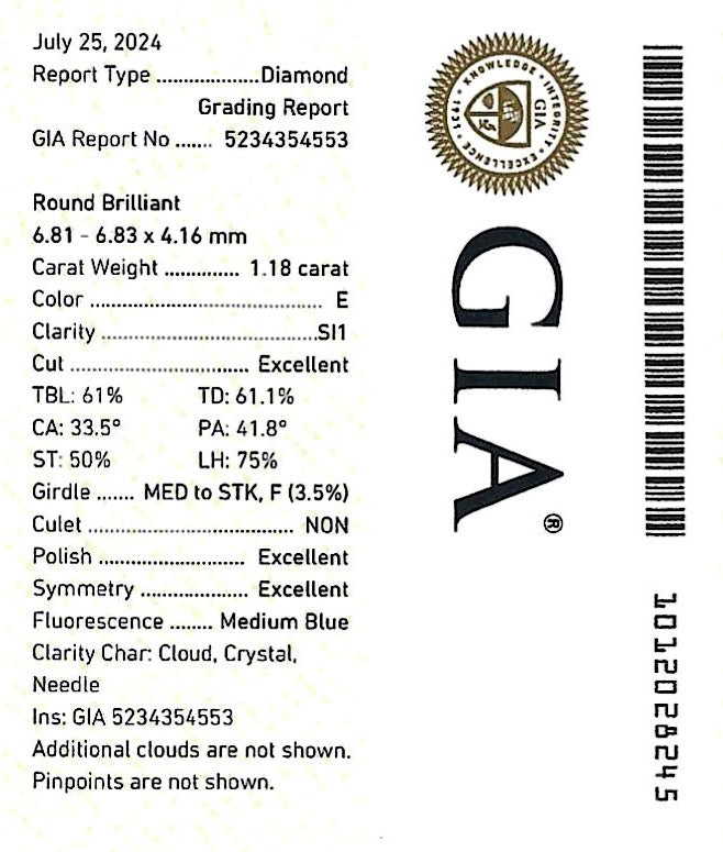 1.18 Carat SI1 E RBC Diamond GIA