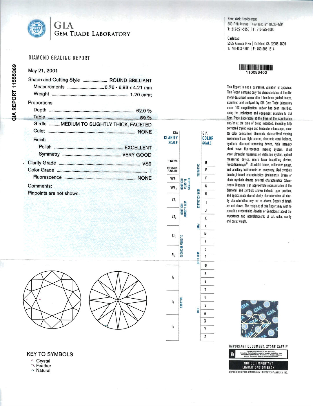 1.20 Carat I VS2 RBC GIA Diamond