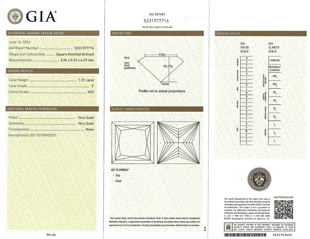 1.21 Carat F VS2 GIA Princess Cut Diamond