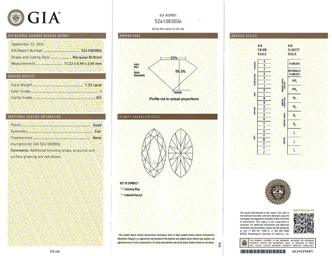 1.23 Carat I SI2 GIA Marquise Brilliant Cut Diamond