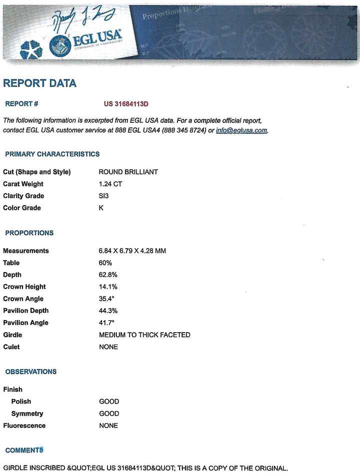 1.24 Carat SI3 K RBC EGL USA
