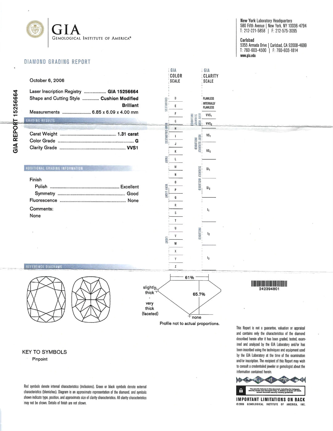 1.31 Carat Cushion Brilliant Cut Diamond G VVS1 GIA Platinum Ring