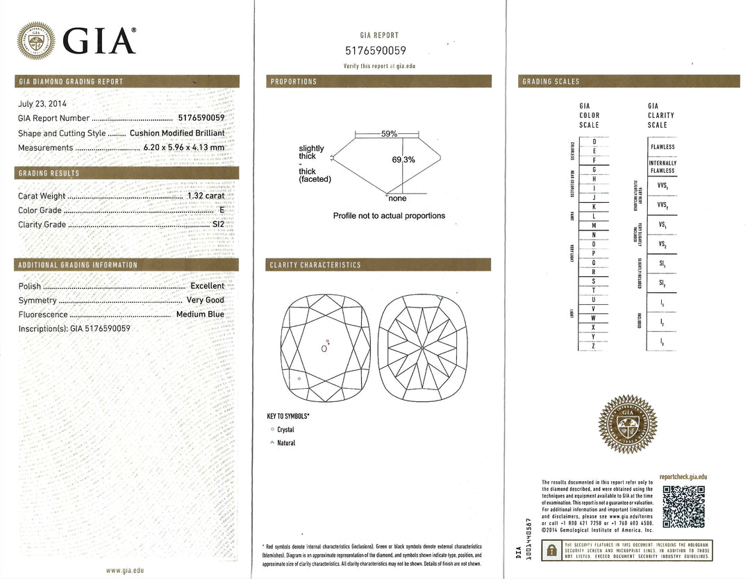 1.32 Carat E SI2 E SI2 Cushion Modified Brilliant Cut Diamond 14KWG Ring
