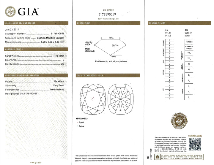 1.32 Carat E SI2 E SI2 Cushion Modified Brilliant Cut Diamond 14KWG Ring