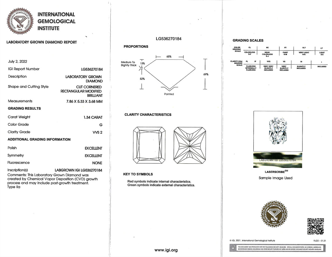 1.34 Carat G VVS2 Radiant Cut Lab Grown Diamond 14KYG Ring