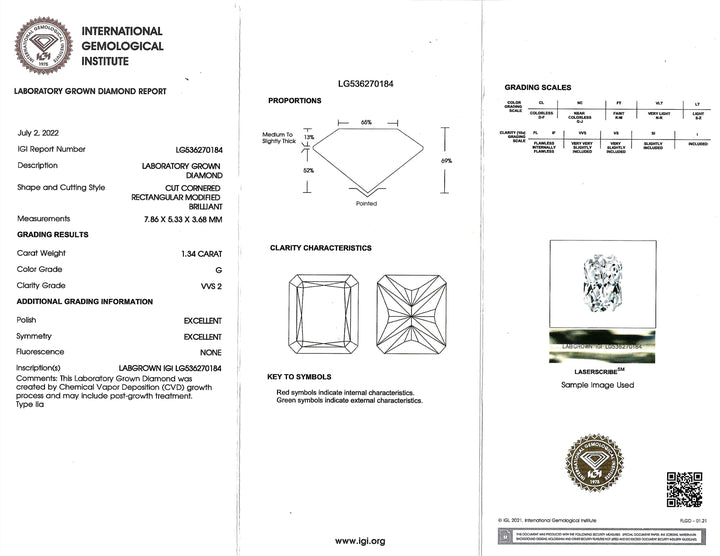 1.34 Carat G VVS2 Radiant Cut Lab Grown Diamond 14KYG Ring