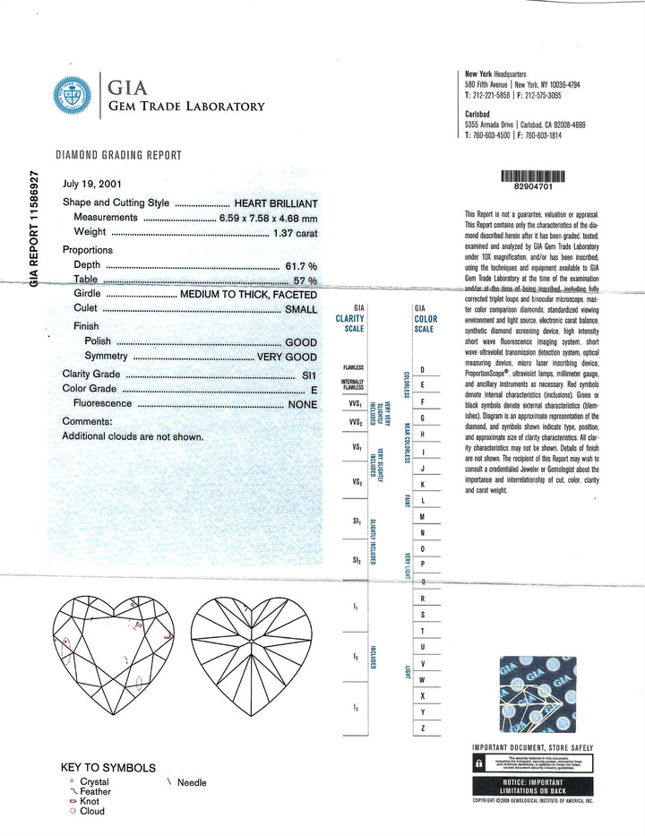 1.37 Carat E SI1 Heart Shaped Diamond Platinum Ring