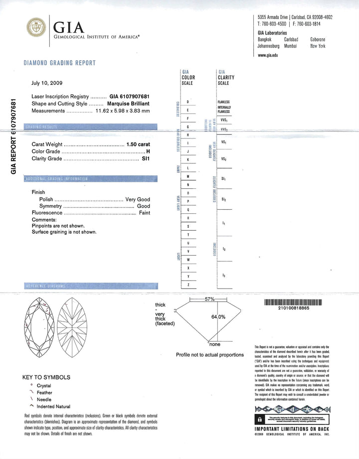 1.50 Carat H SI1 GIA Marquise Platinum Ring