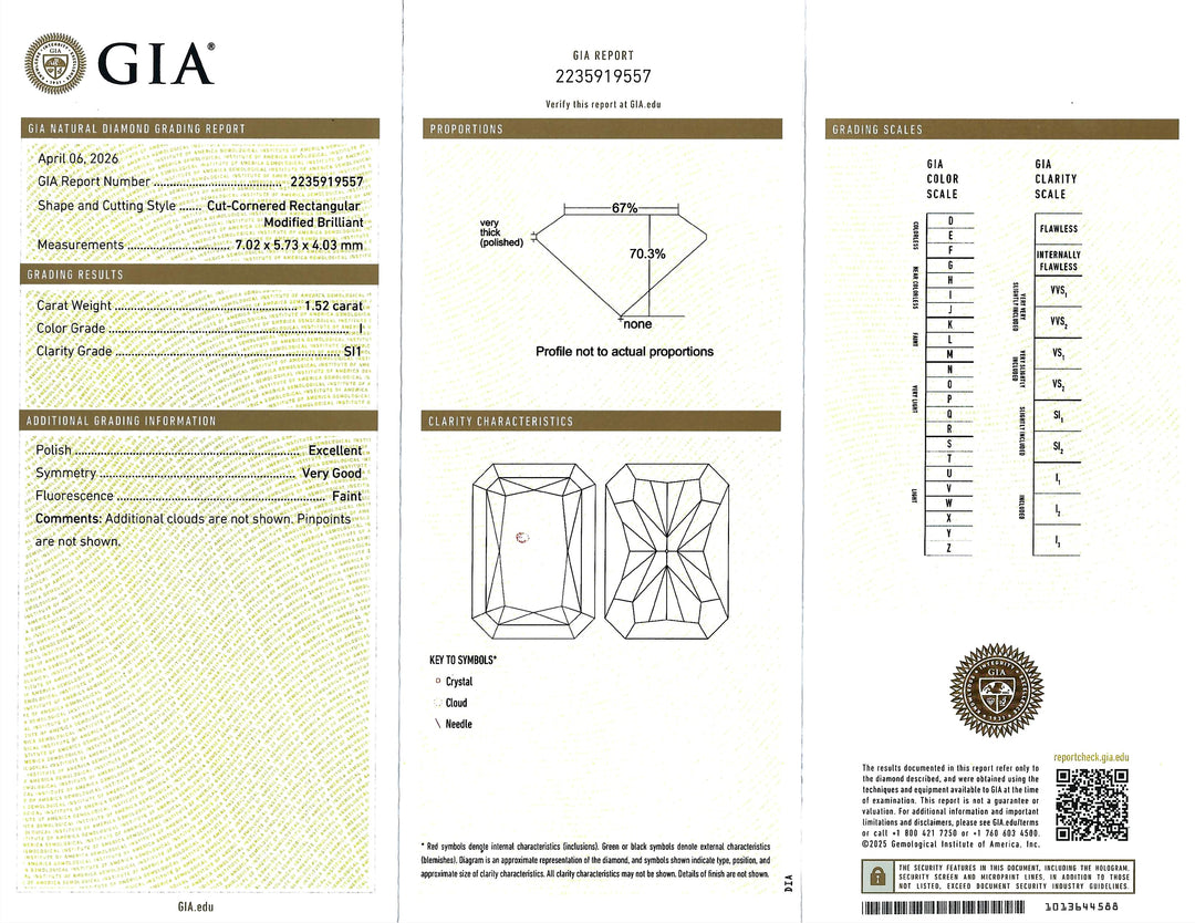 1.52 Carat I SI1 Radiant Cut Diamond 14KWG Ring