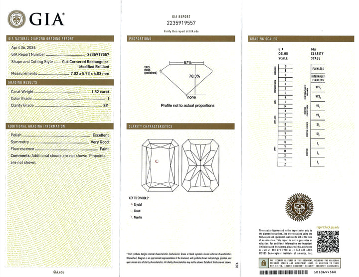 1.52 Carat I SI1 Radiant Cut Diamond 14KWG Ring