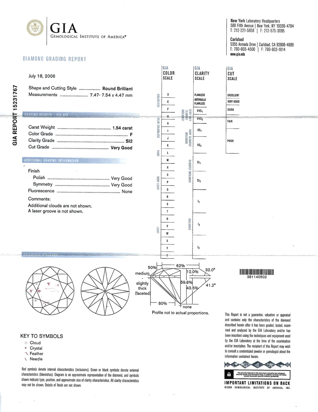 1.54 Carat F SI2 RBC Diamond 14K Ring