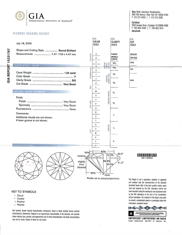 1.54 Carat F SI2 RBC Diamond 14K Ring