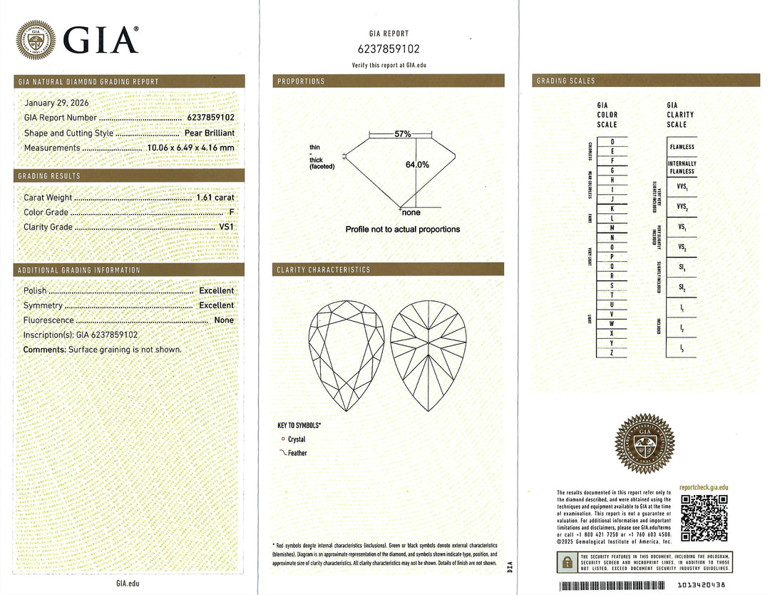 1.61 Carat F VS1 Pear Brilliant Cut 14K WG Ring