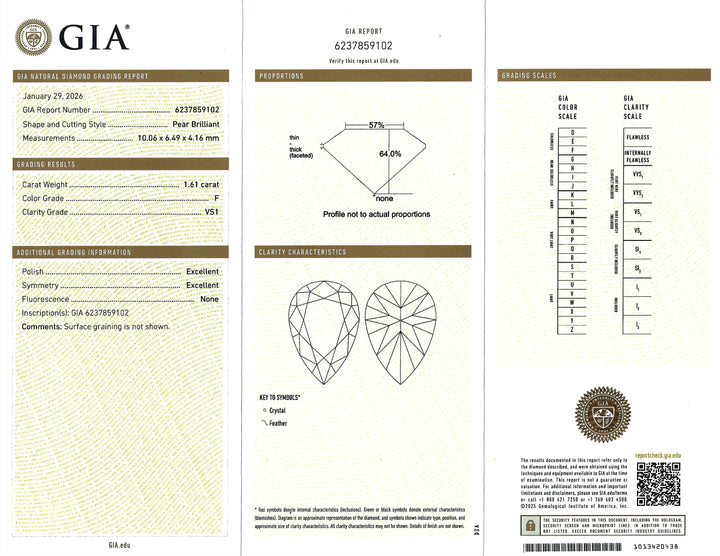 1.61 Carat F VS1 Pear Brilliant Cut 14K WG Ring
