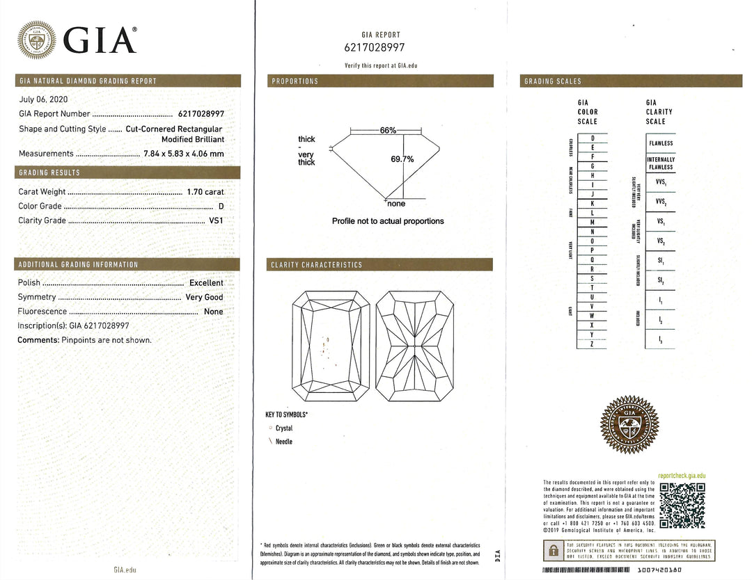 1.70 Carat D VS1 Radiant Cut Diamond 14KWG Ring