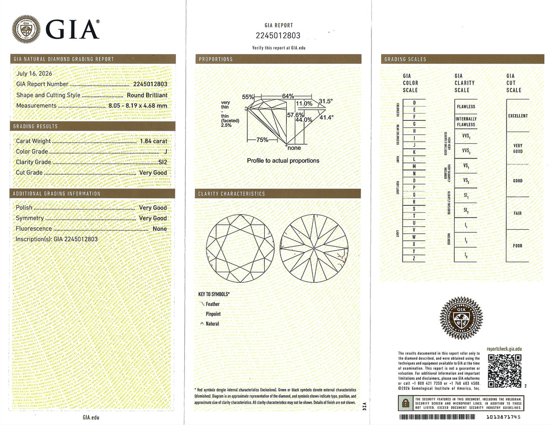 1.84 Carat J SI2 GIA RBC Diamond