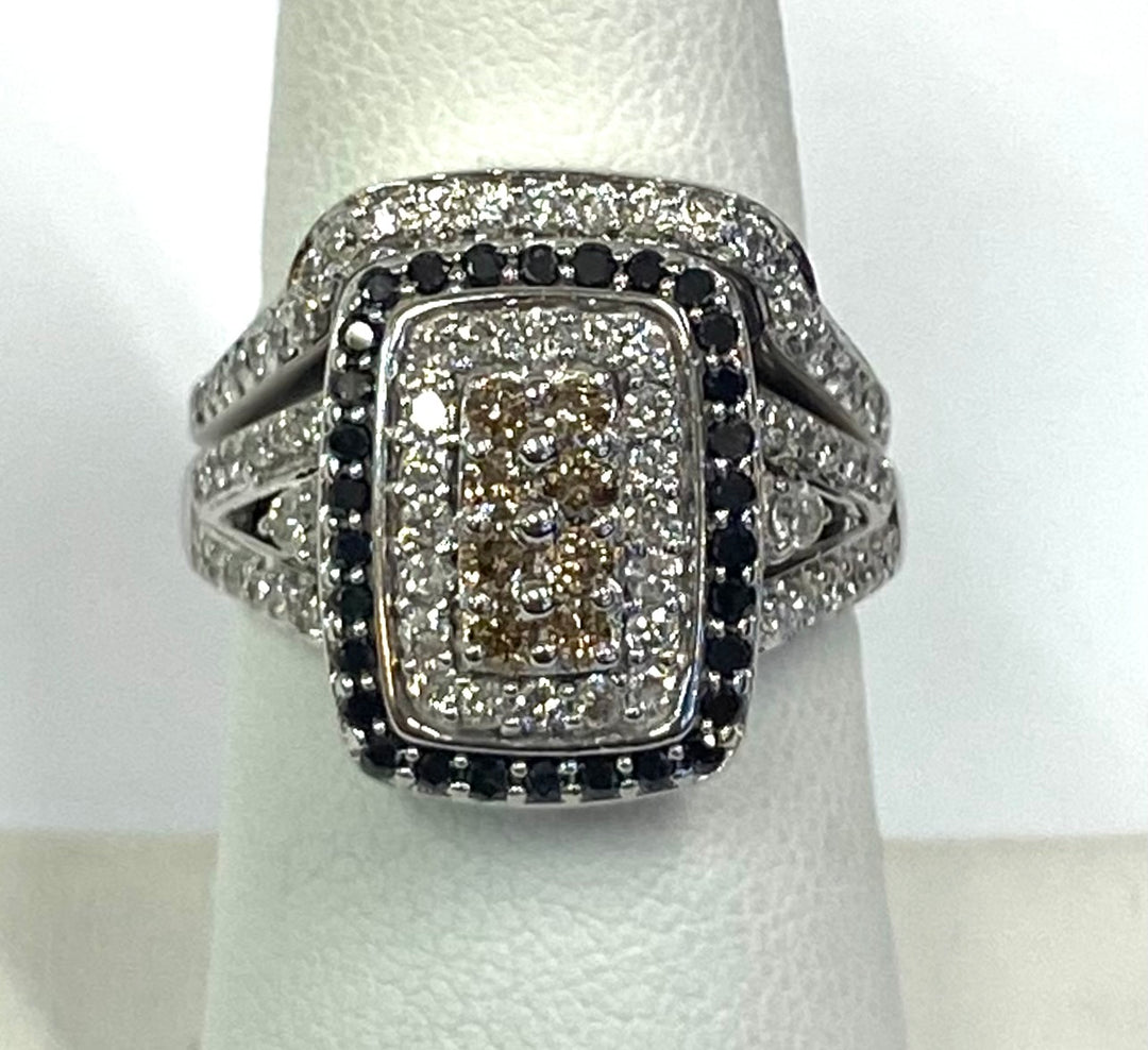 Black Brown & Colorless Diamond 14K White Gold Wedding Ring Set