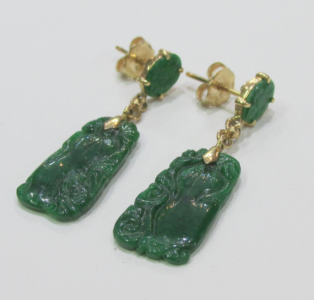 Carved Jadeite 14K Yellow Gold Drop Earrings